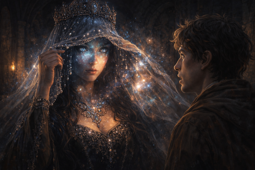 Veiled princess lifting her veil revealing cosmic light in The Hidden Princess of Eldora fantasy story