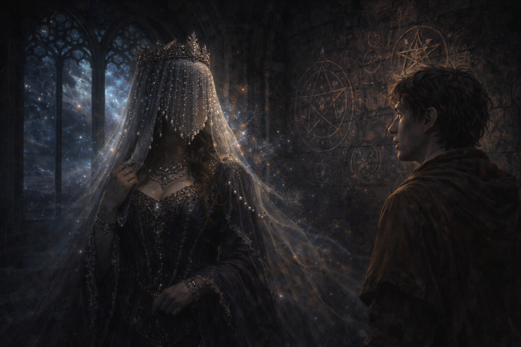 Veiled princess and young scholar standing in a shadowed castle chamber under a starry sky in The Hidden Princess of Eldora fantasy story