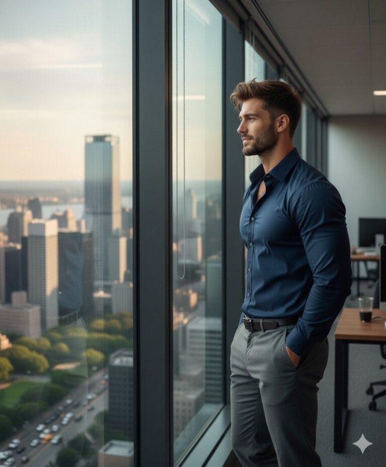 A man standing by an office window, reflecting on his career choice