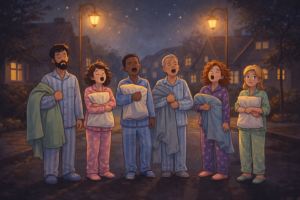 Town people walking outside at midnight unable to sleep