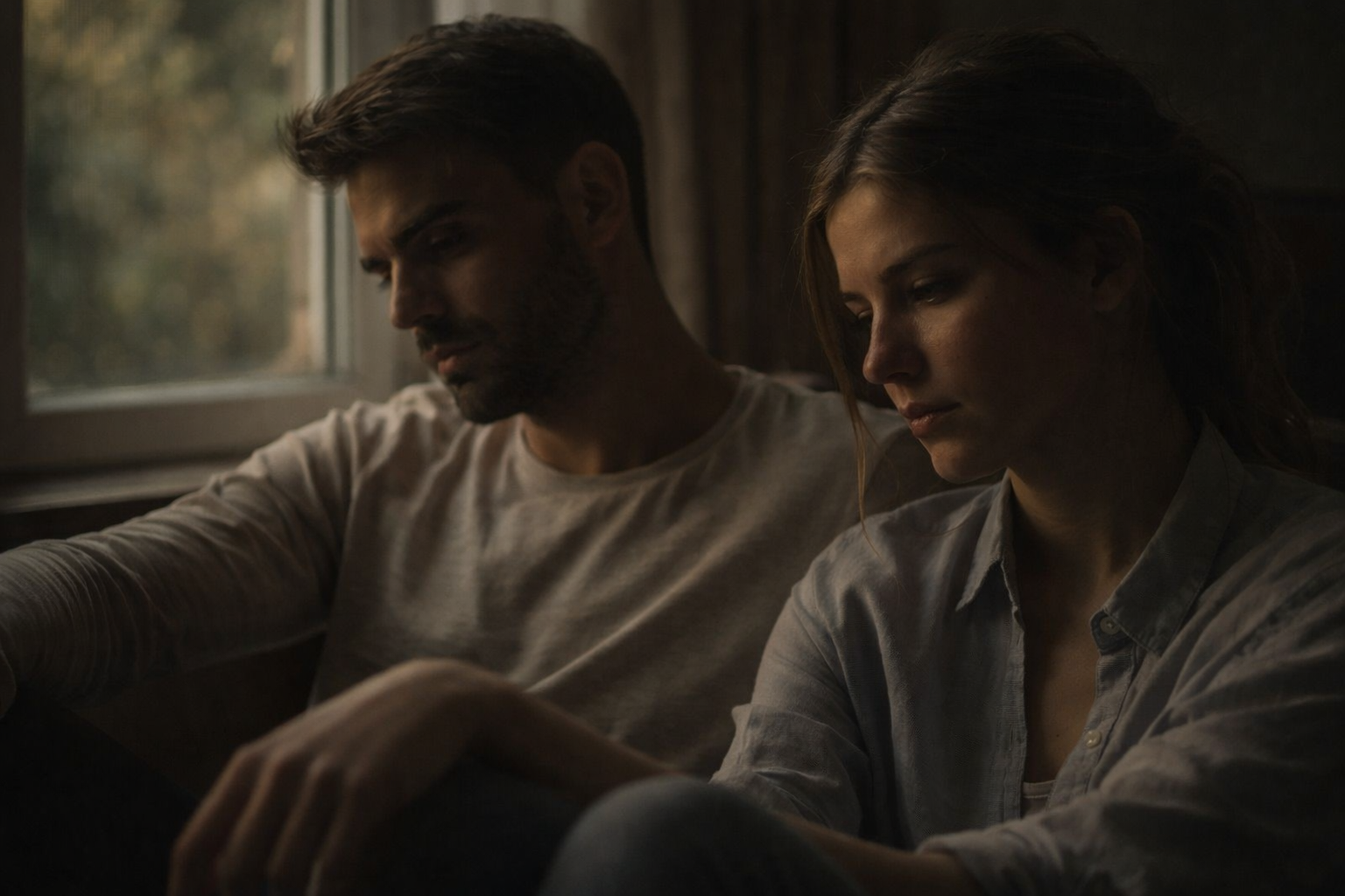 A couple sitting together in silence, showing emotional distance and unresolved tension