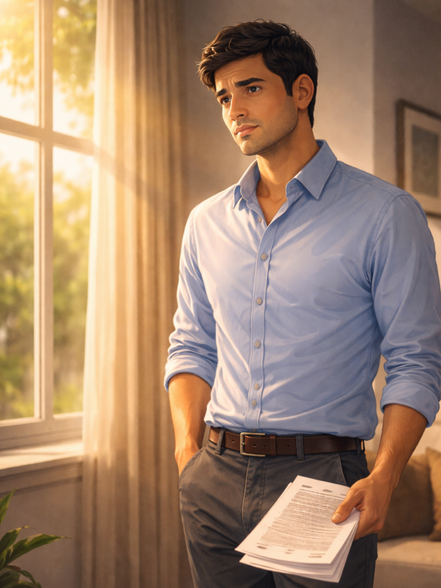 Middle-class man standing near a window holding insurance documents, thoughtful and slightly worried expression, soft morning light inside a modern Indian home