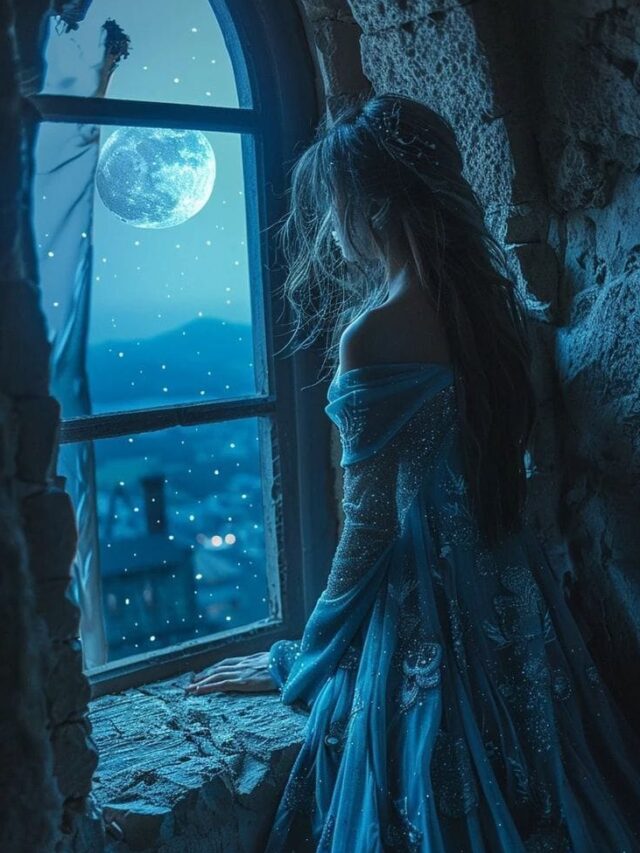 Lonely princess standing on a palace balcony at night under soft moonlight, emotional and dreamy atmosphere