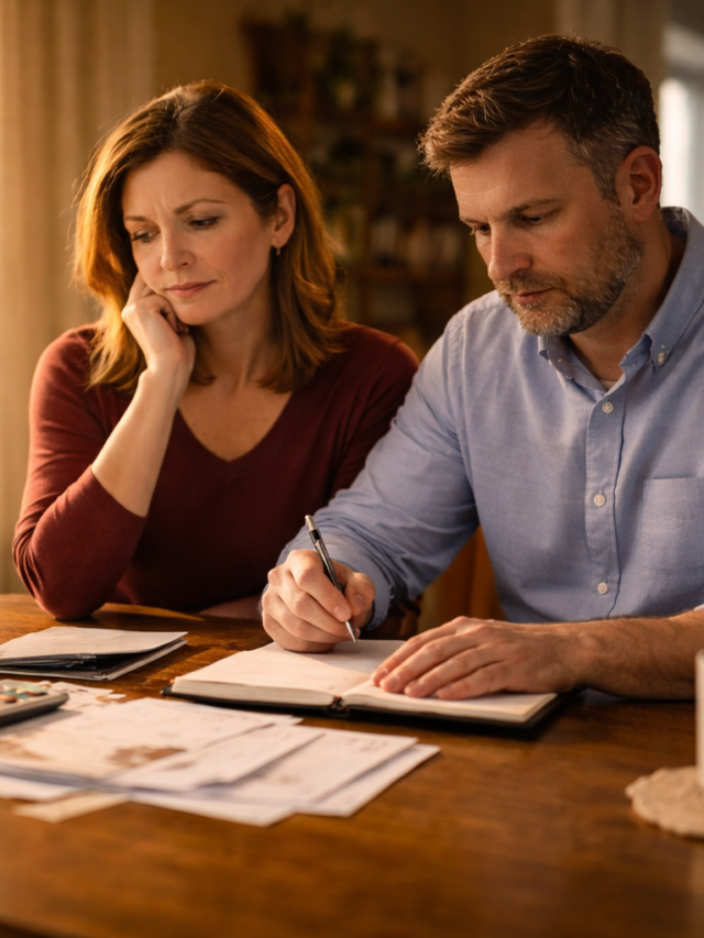 Middle-class American couple reviewing household bills together at a dining table in morning sunlight