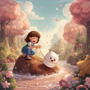 Luna rescuing a marshmallow creature from a chocolate river