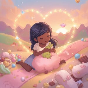 Luna showing courage and kindness in the magical candy world