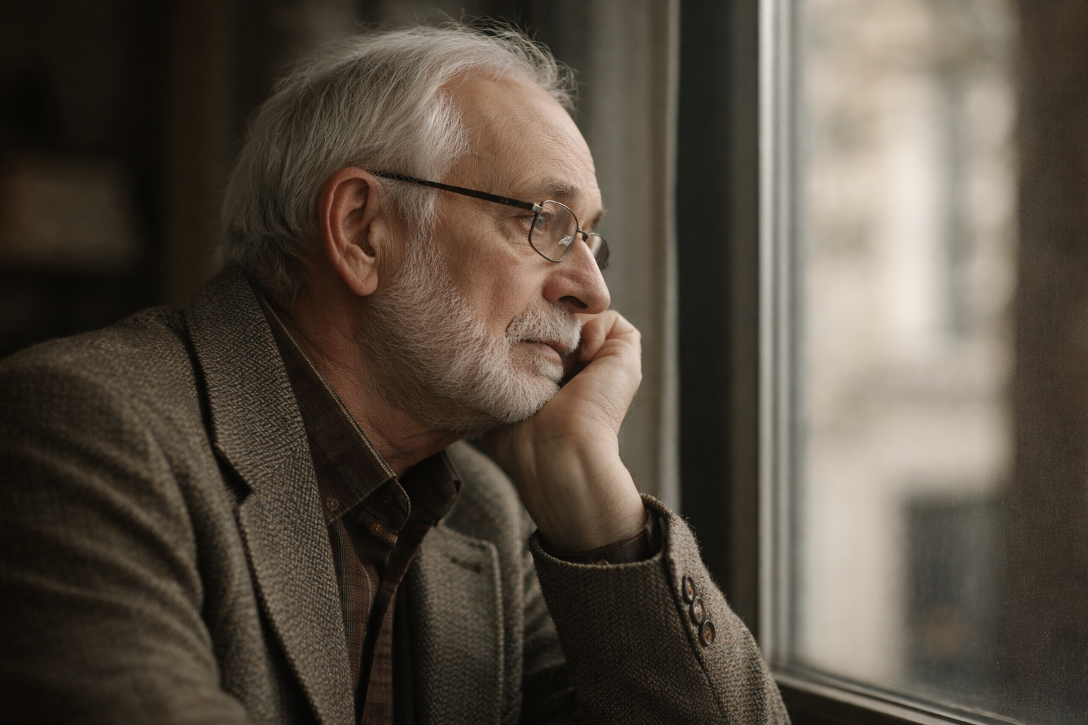 An elderly man sitting by a window, lost in thought after a life-changing decision.