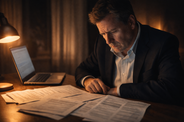 A stressed man reviewing insurance papers at his desk late at night, reflecting concern over an insurance claim.