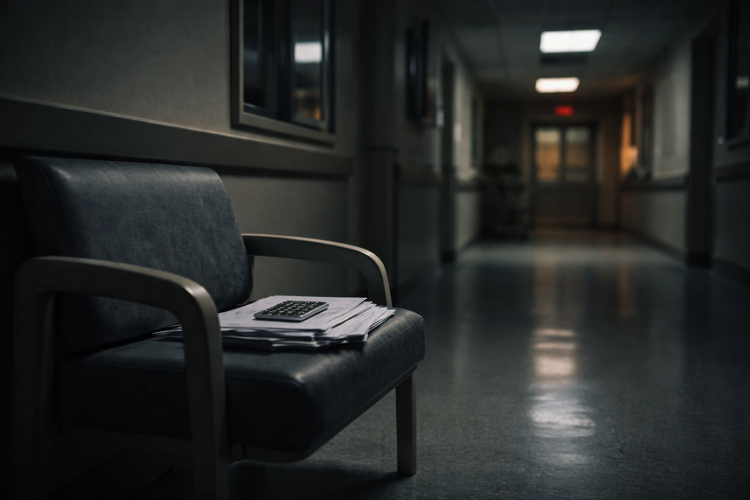 Medical bills on a chair in a dimly lit hospital corridor at night