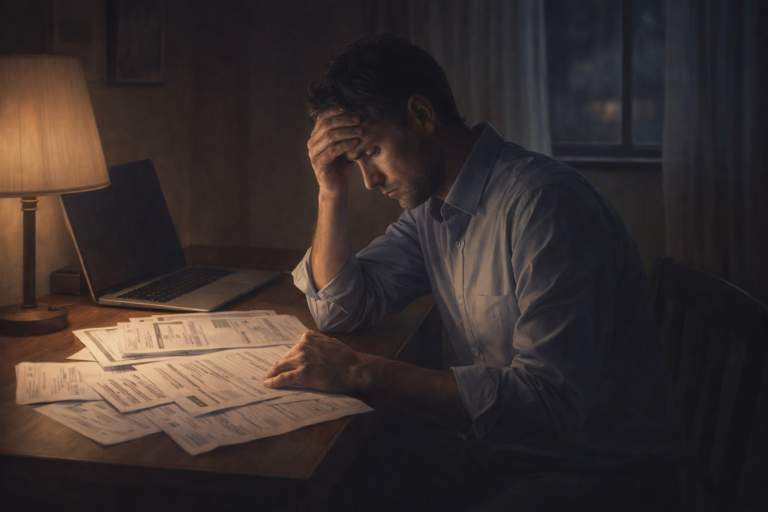 Middle-class man stressed while reviewing medical bills and health insurance papers at home at night