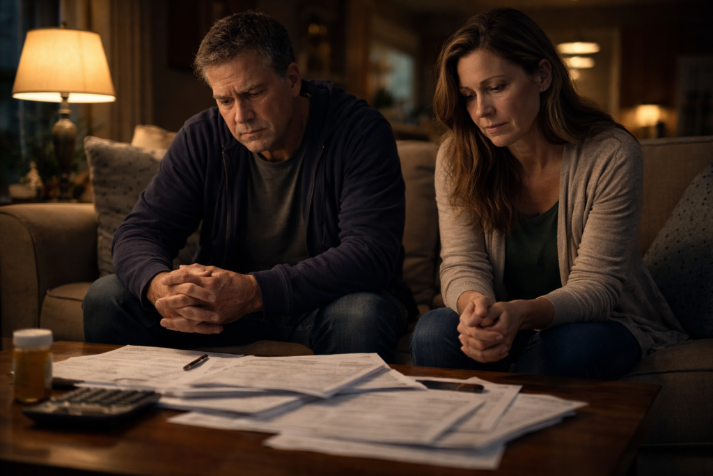 A stressed couple discussing hospital expenses at home 