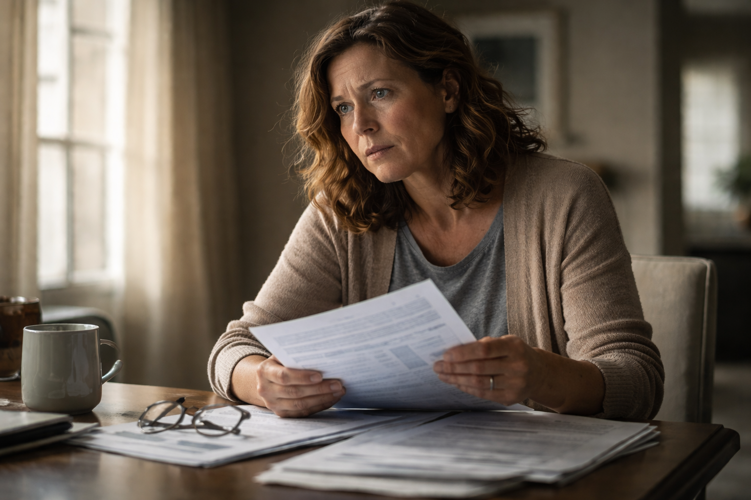 Worried person holding hospital bills and insurance documents at home after an unexpected medical emergency
