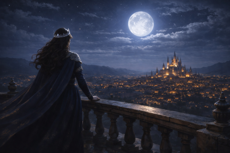 Princess of Eldora overlooking her kingdom from a palace balcony at night