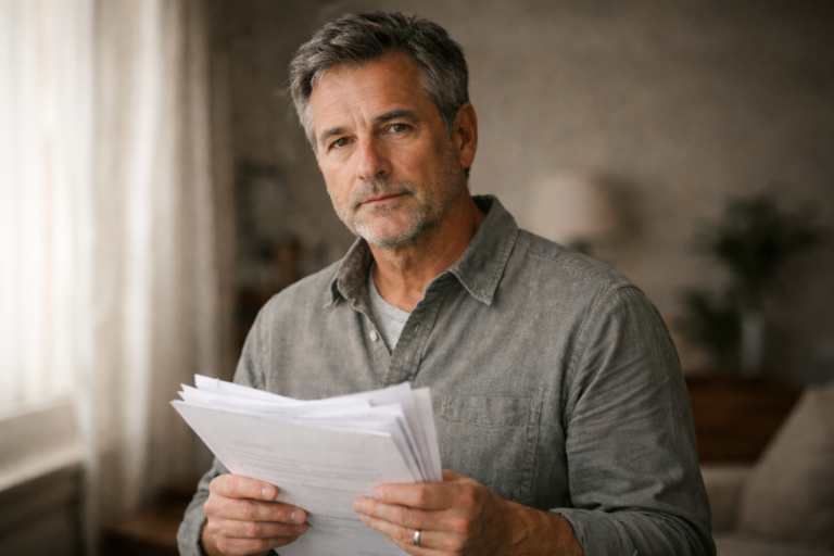 Middle-aged man standing indoors, holding insurance documents and looking calmly at the camera, soft natural window light on his face, blurred home interior in the background, neutral muted colors, shallow depth of field, realistic cinematic 16:9 portrait suitable for a blog featured image.