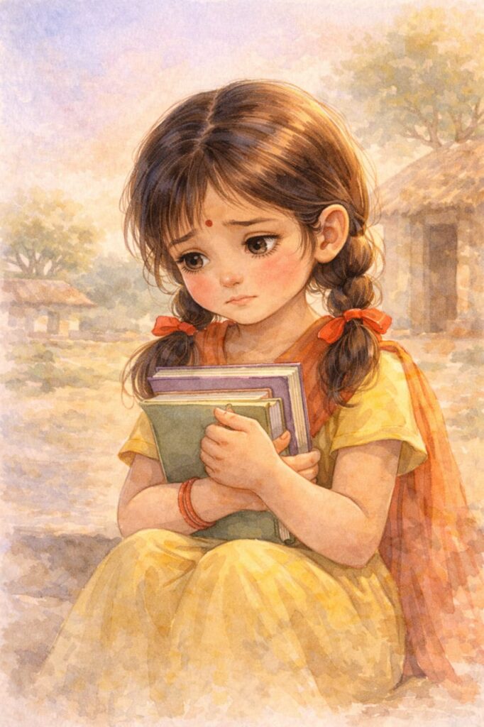 किताबों के साथ घबराई हुई बच्ची आत्मविश्वास खोती हुई