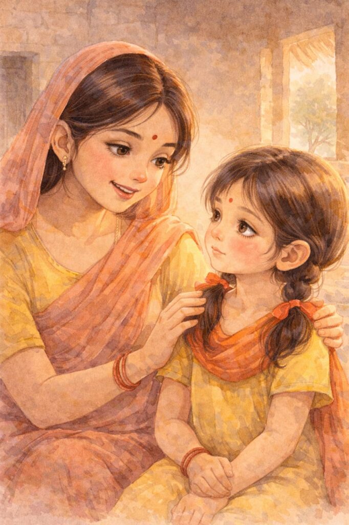 माँ अपनी बेटी को प्यार से समझाती हुई