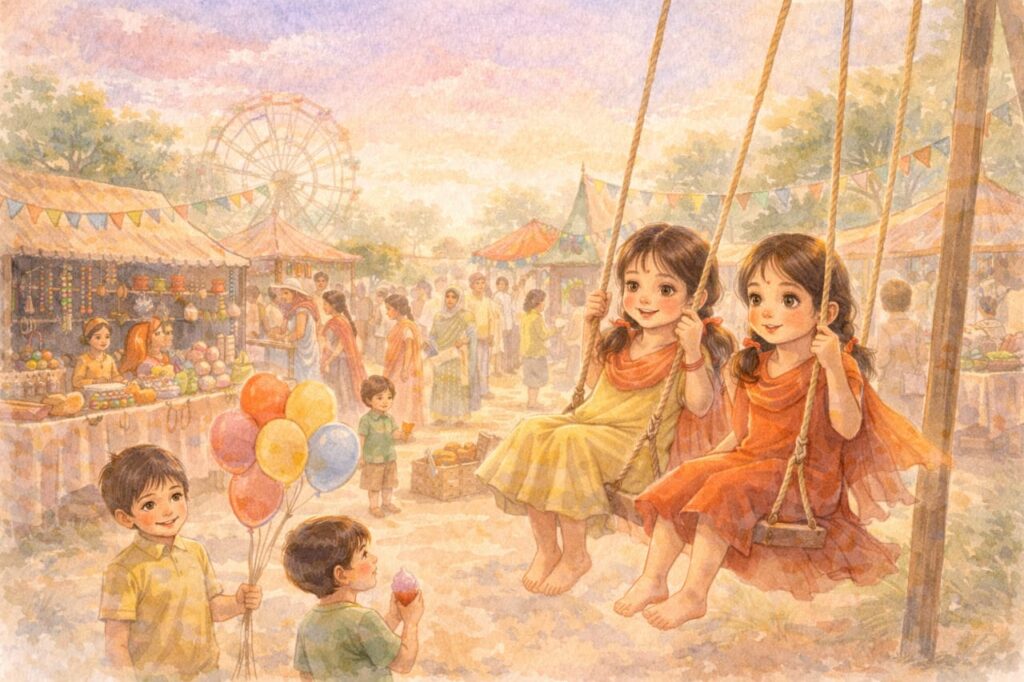 रंग बिरंगे झूलों और बच्चों से भरा गाँव का मेला