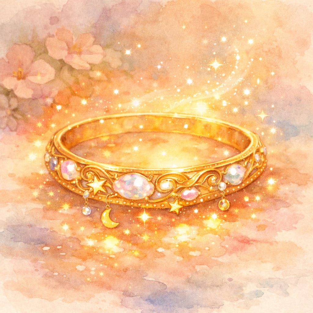 हल्की सुनहरी रोशनी में चमकता जादुई कंगन