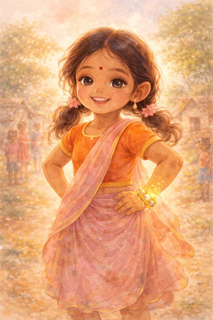 खुश और आत्मविश्वासी बच्ची गाँव की पृष्ठभूमि में