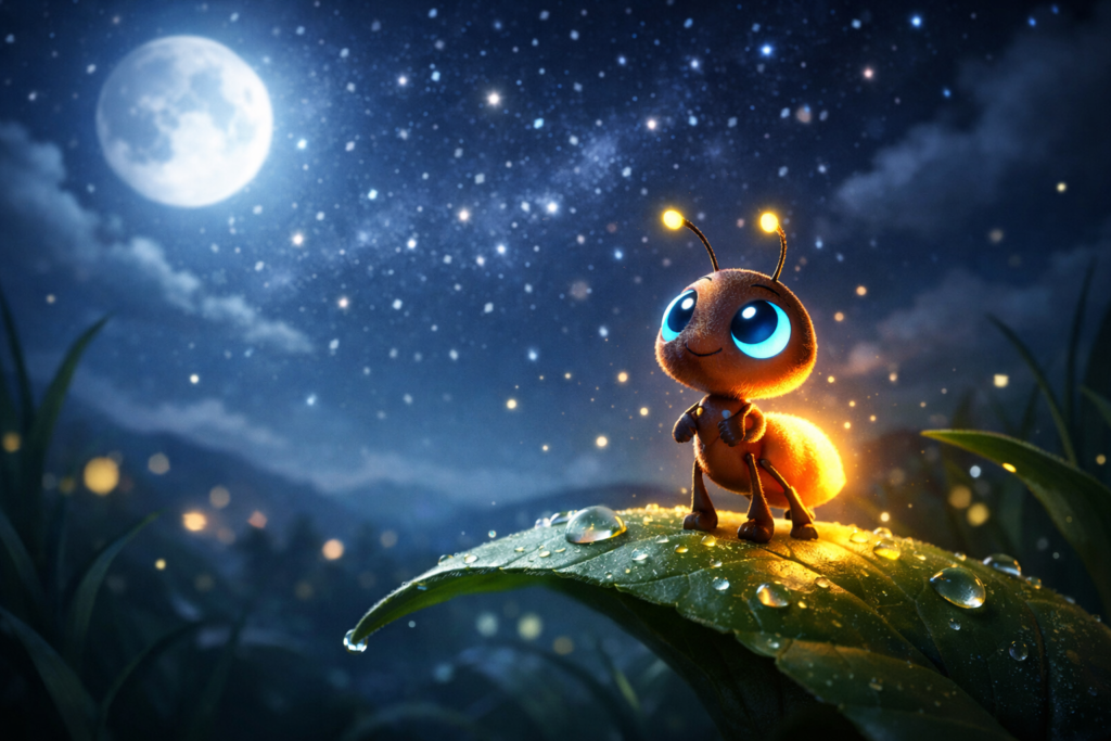 Tiny glowing ant Lumo standing on a leaf under a magical starry night sky