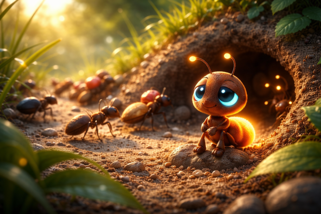 Small ant sitting alone while other ants work in the busy colony