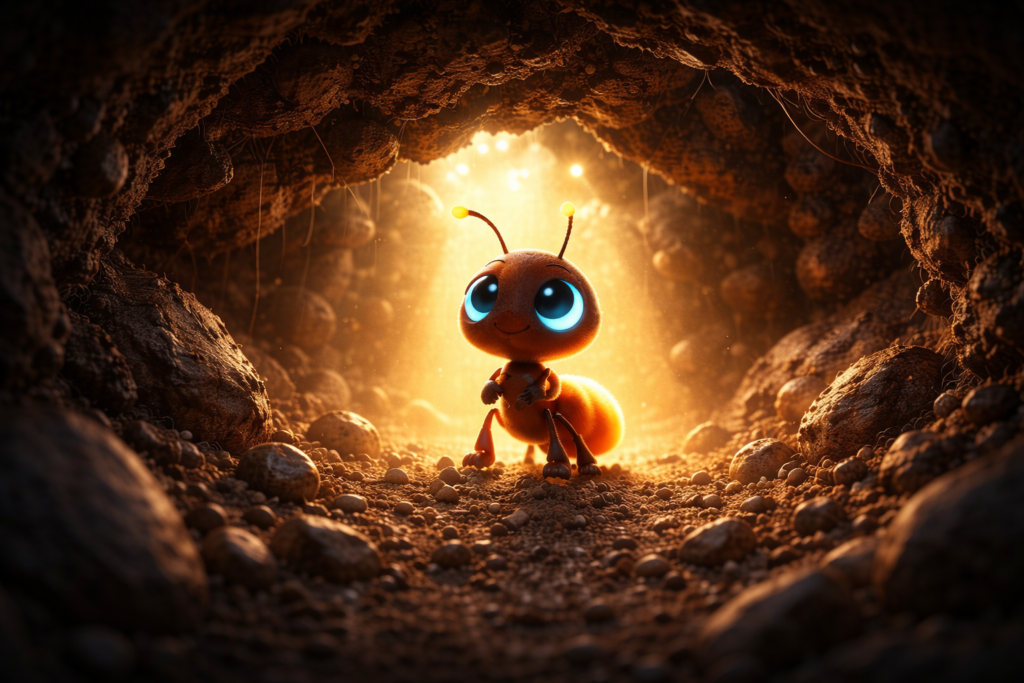 Dark underground ant tunnel partially collapsed with tiny ant standing at the entrance