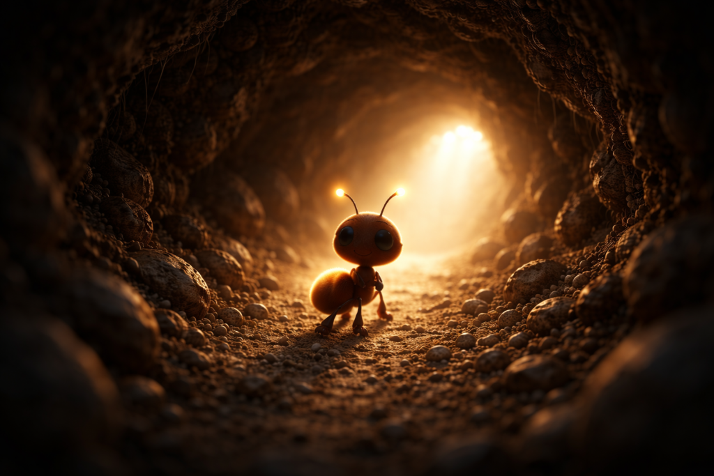 Tiny ant walking inside a dark tunnel toward a small ray of sunlight