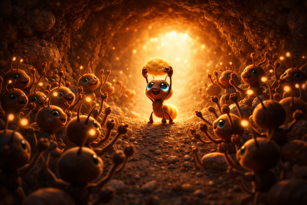 Ant colony celebrating as the small brave ant returns with food