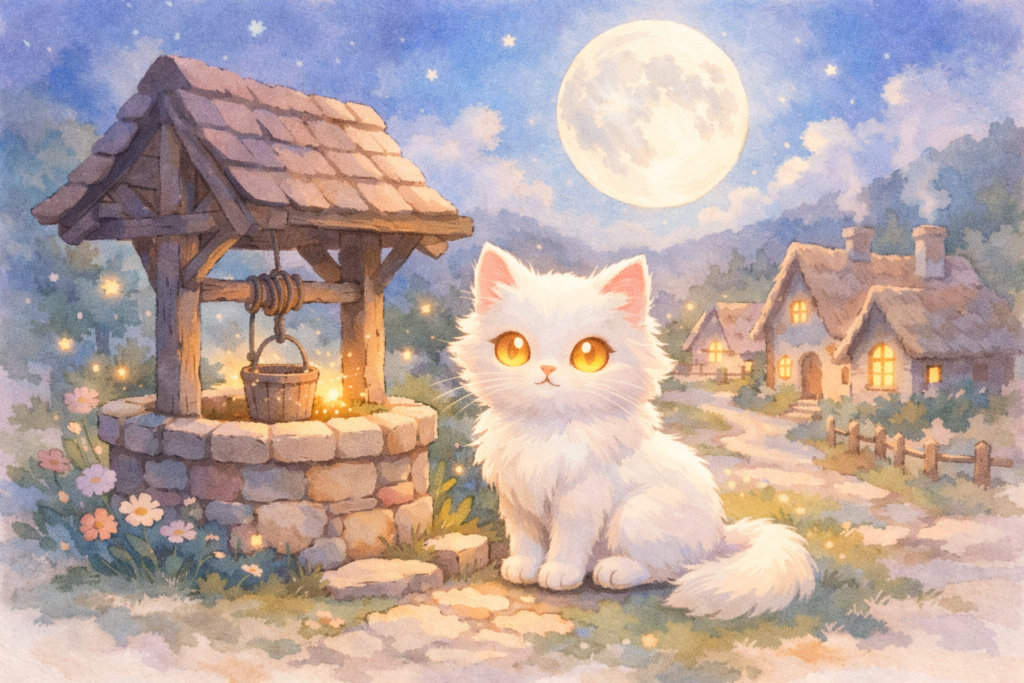 Magical white cat with glowing golden eyes sitting near an old village well under the moonlight, kids fantasy story illustration