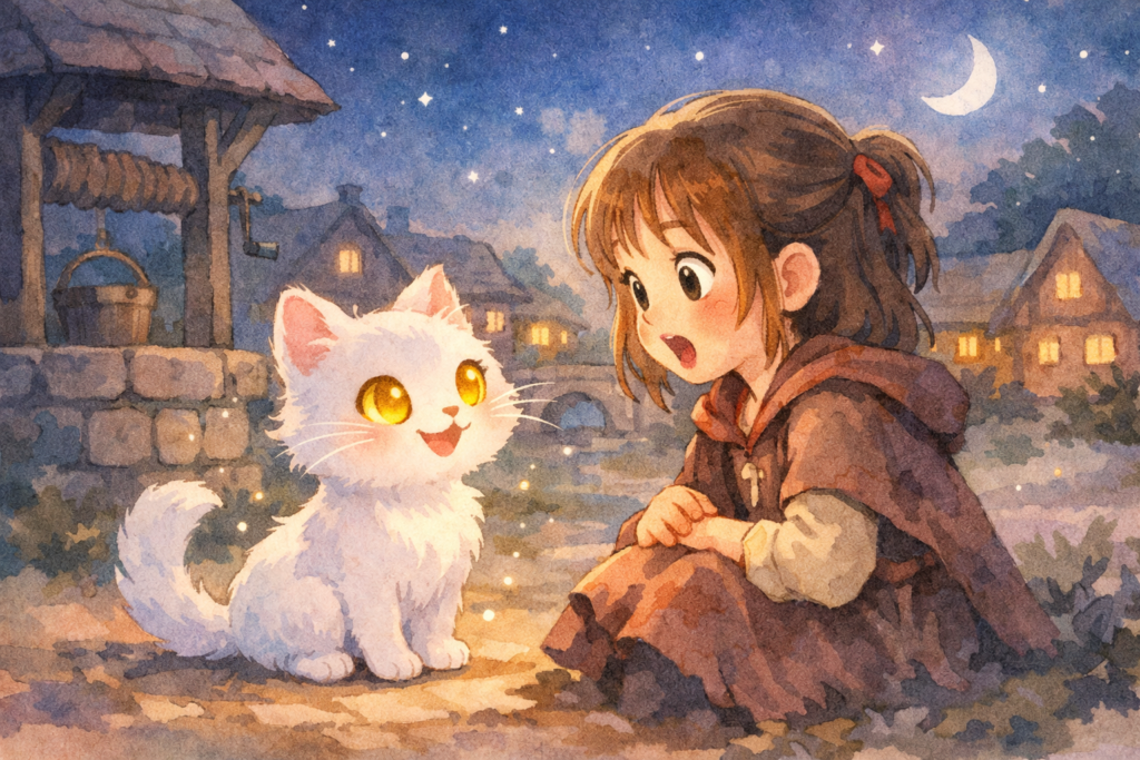 Small white magical cat with bright golden eyes talking to a surprised little girl at night