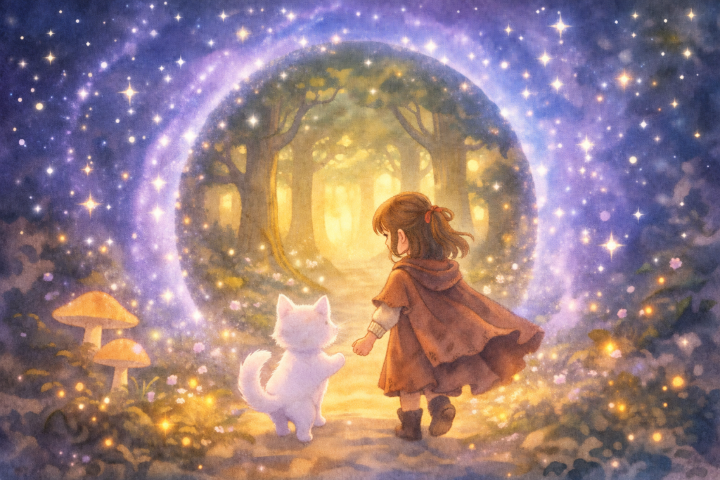 Glowing magical portal opening with stars swirling around a girl and her white cat