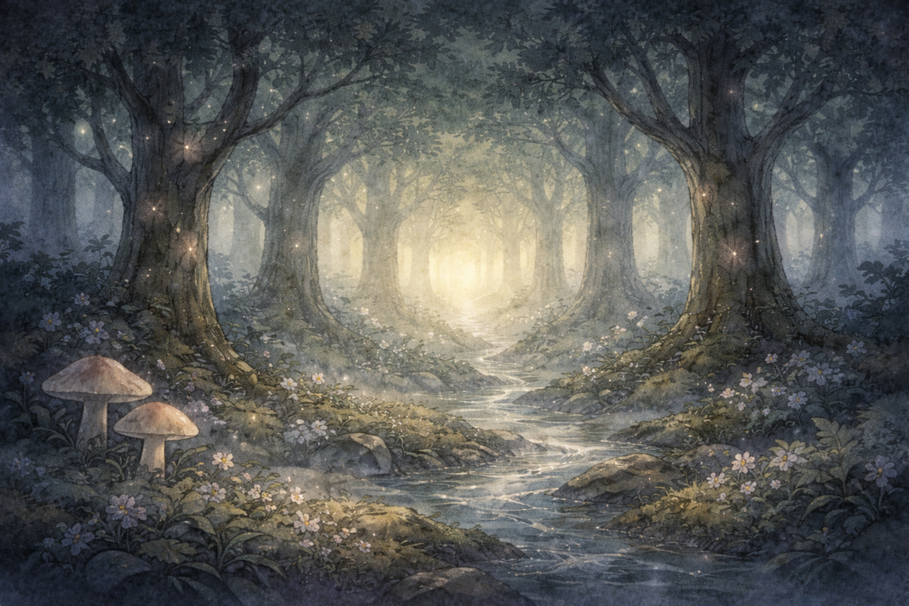 Beautiful glowing Moon Forest with sparkling trees and magical lights, fantasy world for kids