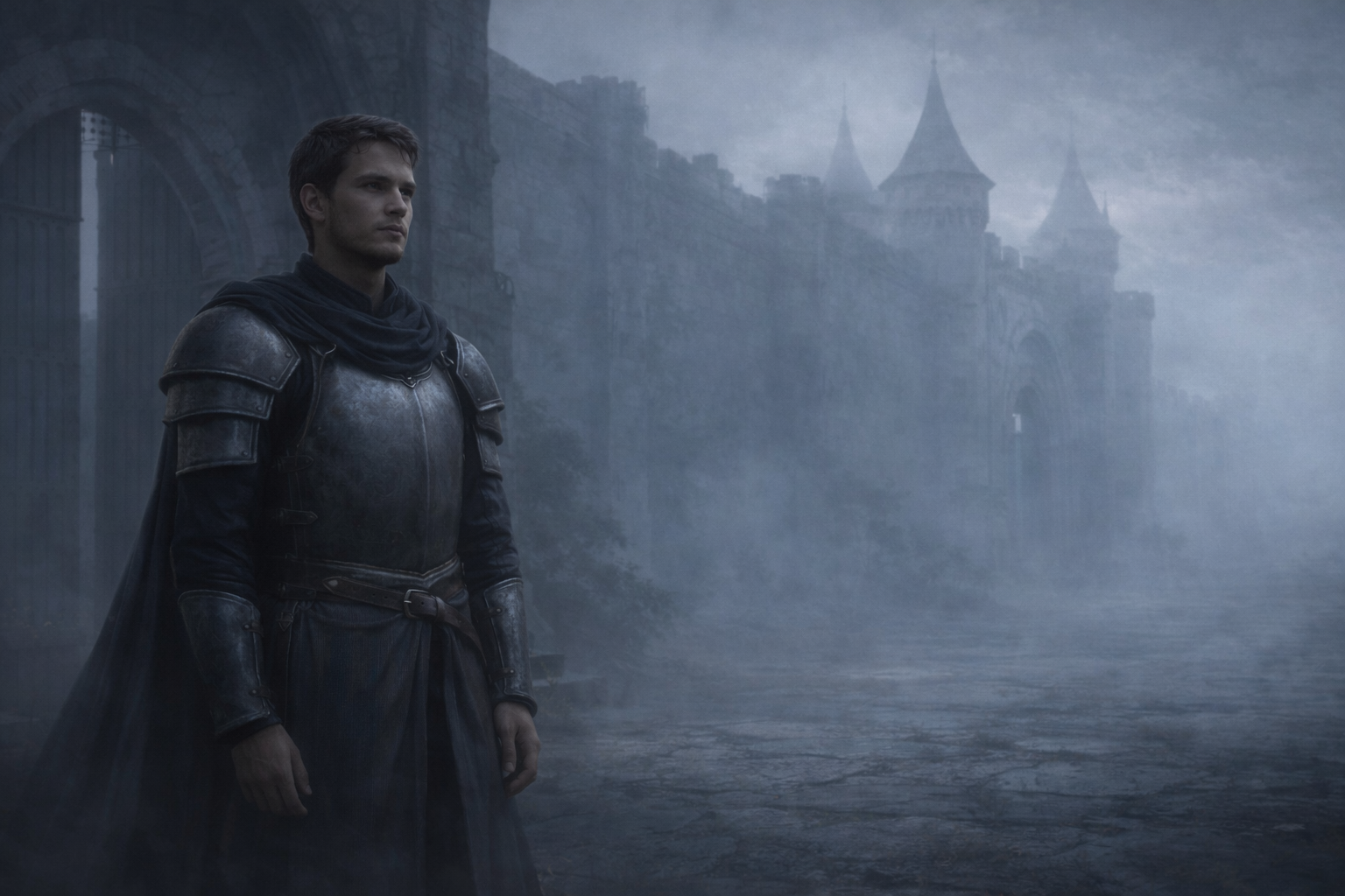 Palace guard Kael standing near the gates of Eldora in the fog