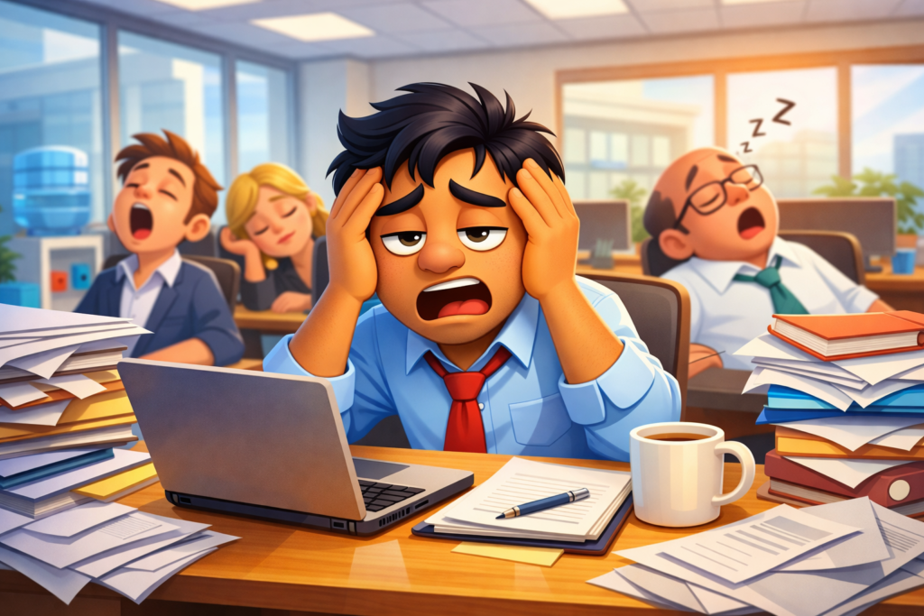 Tired office employee feeling sleepy in a modern office