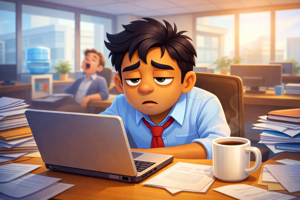 Sleepy office employee staring at computer at 3 PM