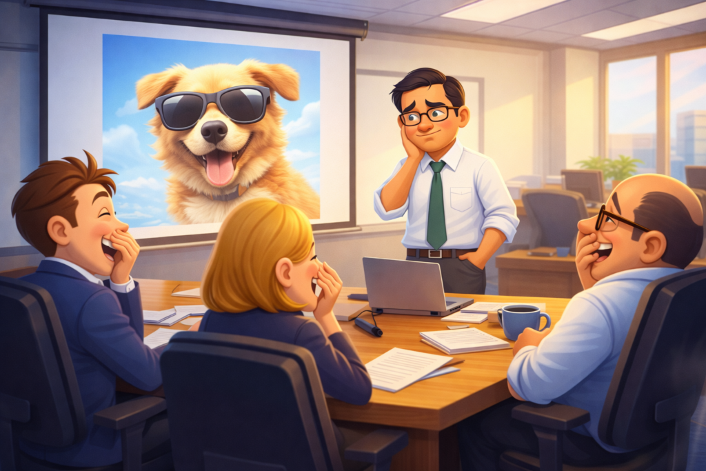 Office employees trying not to laugh during meeting