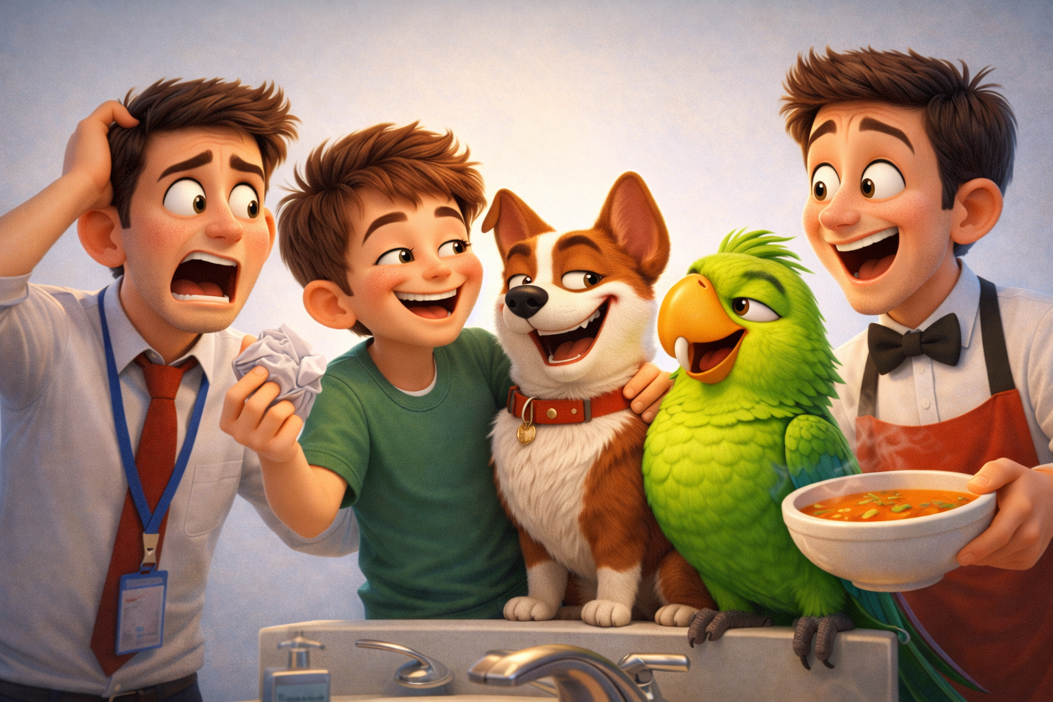 Collection of 10 funny short stories in English with cartoon characters laughing