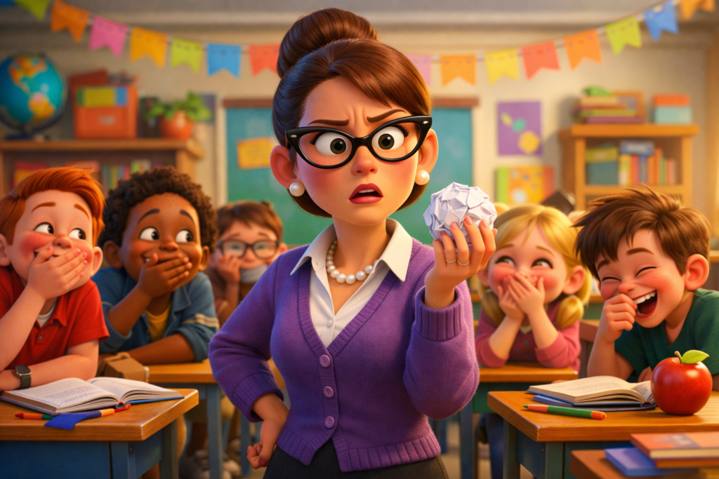 A cartoon thief inside a cozy kitchen at night, happily eating food from the fridge while reading a funny note on the table, warm kitchen lighting, playful expression, Pixar-style 3D animation, bright colors, humorous atmosphere, high detail, no text, no watermark