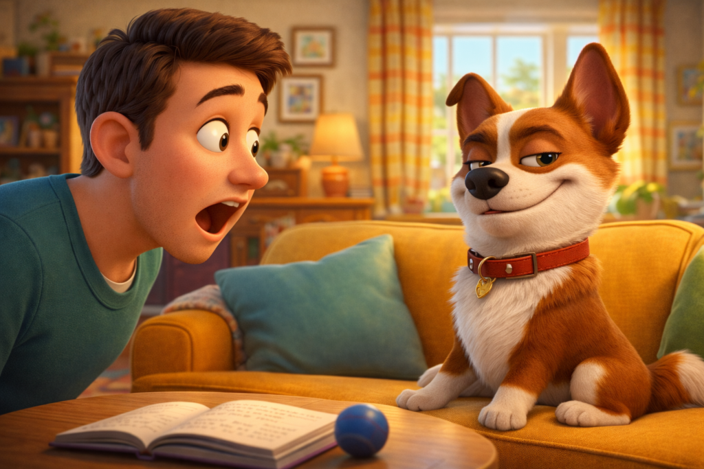 Talking dog surprising a man in a humorous short story scene