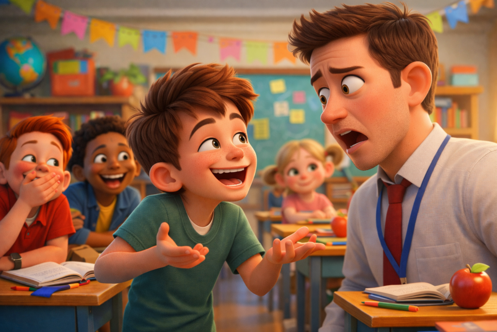 Clever student answering teacher in funny classroom short story