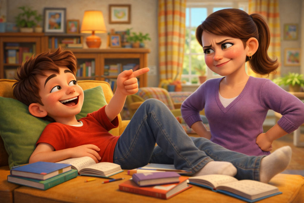 Lazy teenage boy giving funny excuse in humorous family story