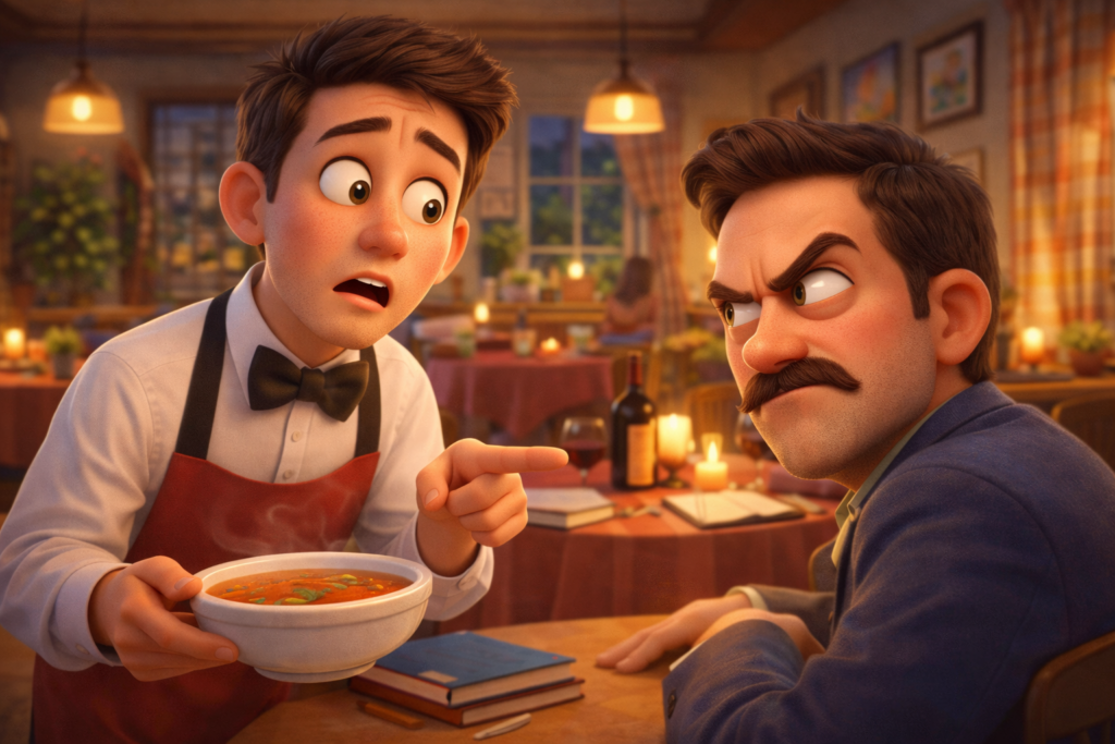 Customer and waiter in a funny restaurant short story scene