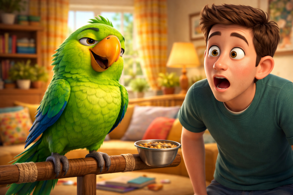 Funny confident parrot talking to surprised owner in short story