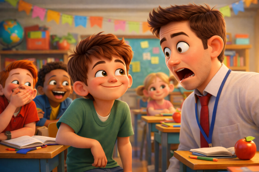 Smart student giving funny answer during exam in classroom story