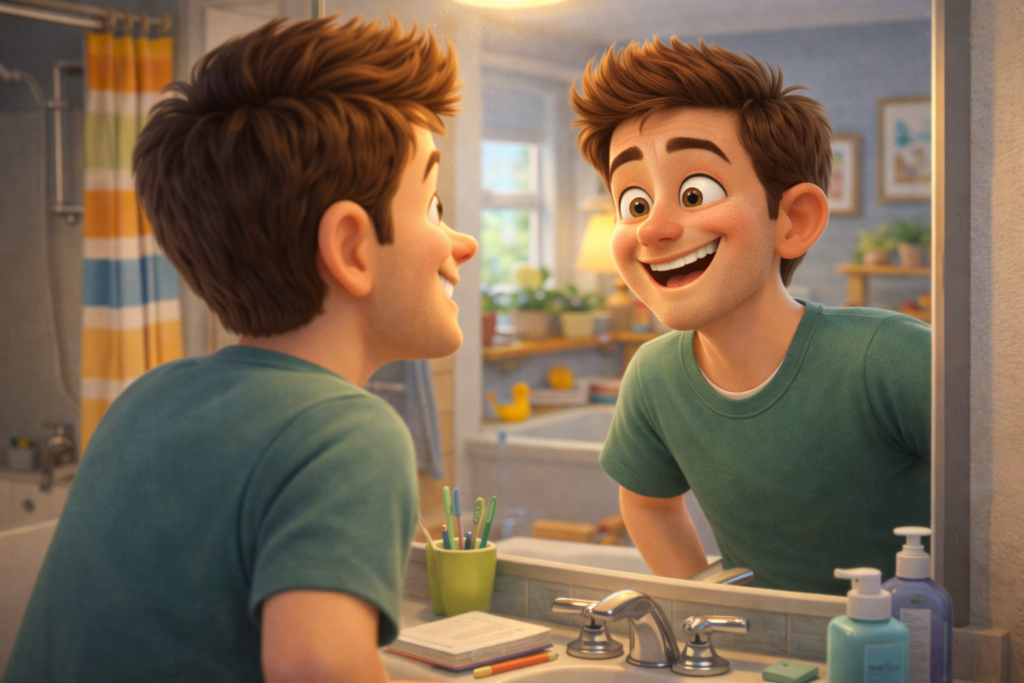 Man smiling at his reflection in a funny short story scene