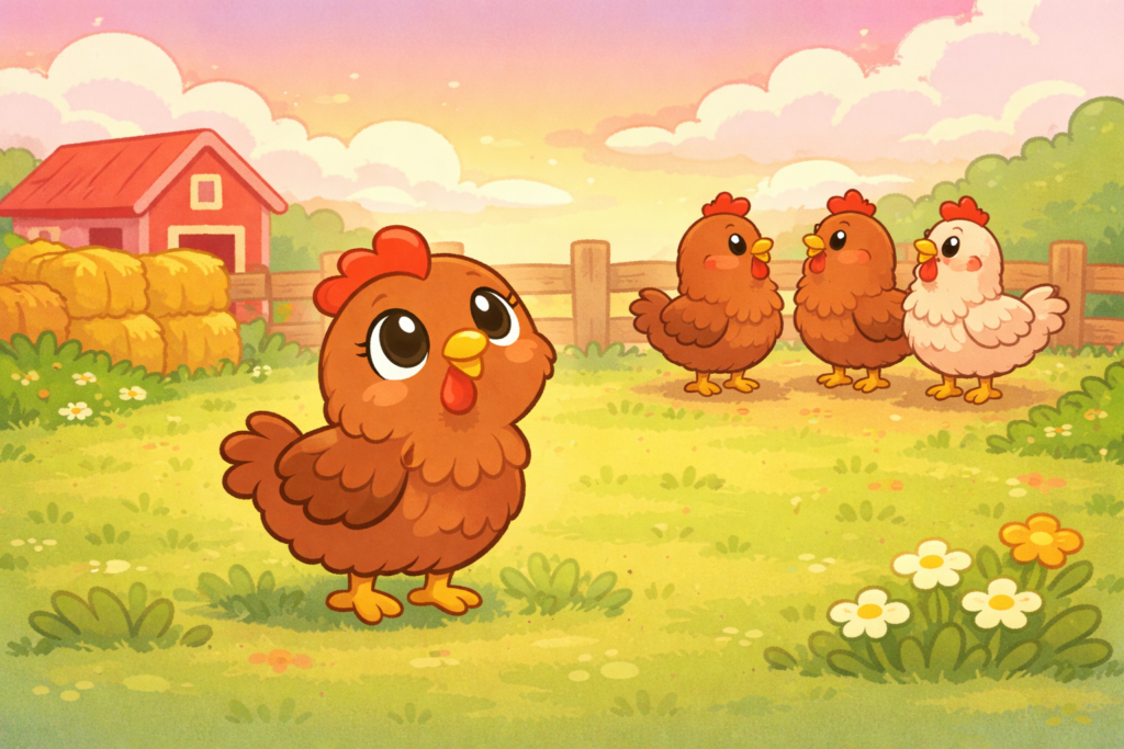 Small cartoon hen standing alone in a farm while other hens talk together in the background.