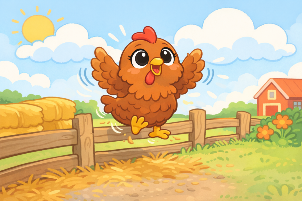 Adorable cartoon hen flapping her wings and jumping from a wooden fence in a bright farm setting.