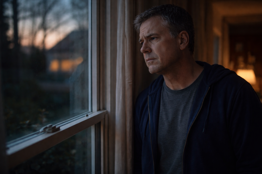  A man looking out a window at dusk, reflecting on difficult decisions