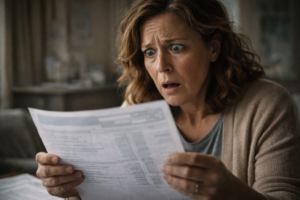 Shocked person reading an expensive hospital bill after medical treatment 