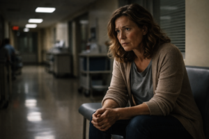 Patient waiting alone in a hospital emergency room, feeling anxious during a medical emergency 